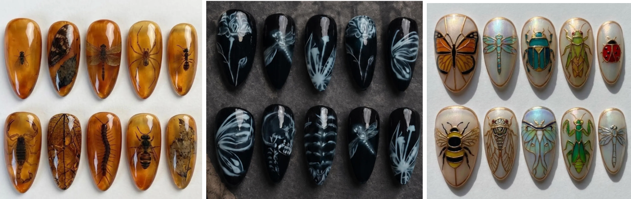 creepy fall nails with bugs in amber, moth and plant x rays, and stained glass beetles and bugs