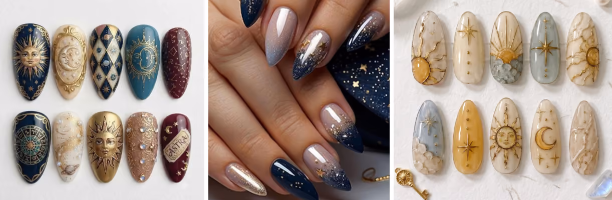 whimsigoth nails inspired by the sun, moon, and zodiac symbols