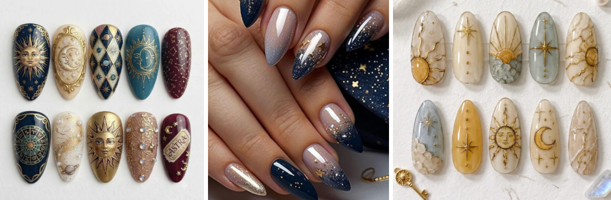 whimsigoth nails inspired by the sun, moon, and zodiac symbols