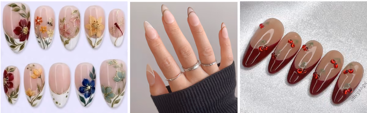Autumn-friendly floral, minimalist, and cherry mocha french tips