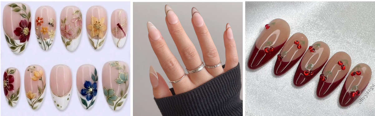 Autumn-friendly floral, minimalist, and cherry mocha french tips