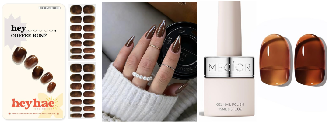 coffee colored nail polish, press ons, and semi-cured strips for fall