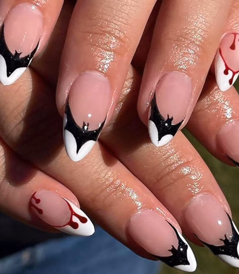 bat and blood trip french manicure fake nails