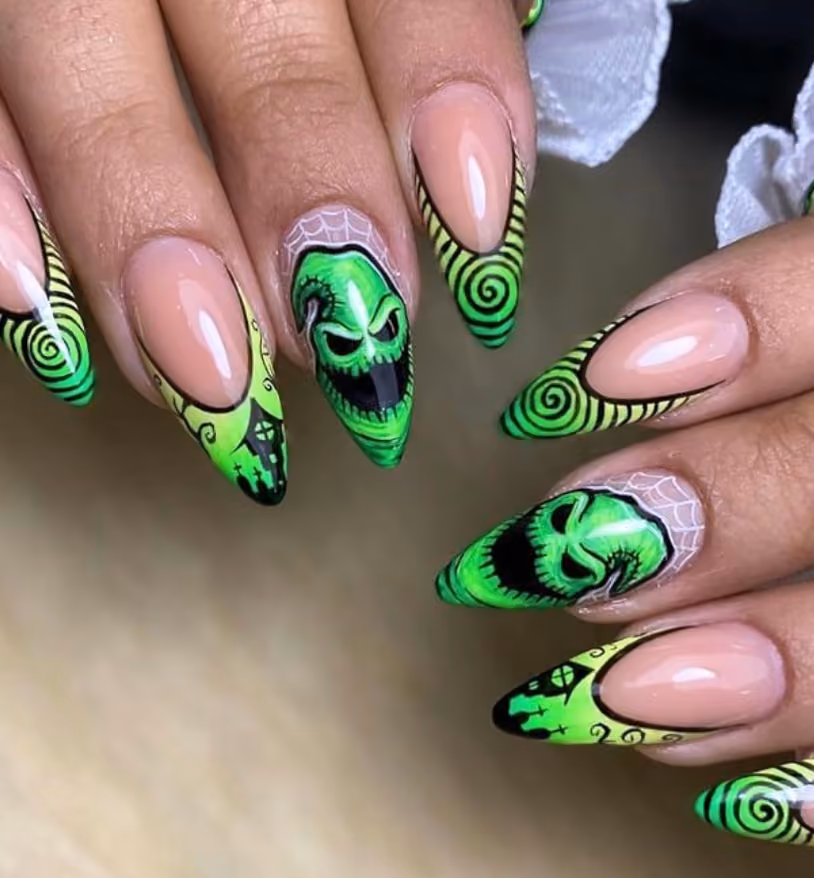 neon green halloween nails featuring Oogie Boogie