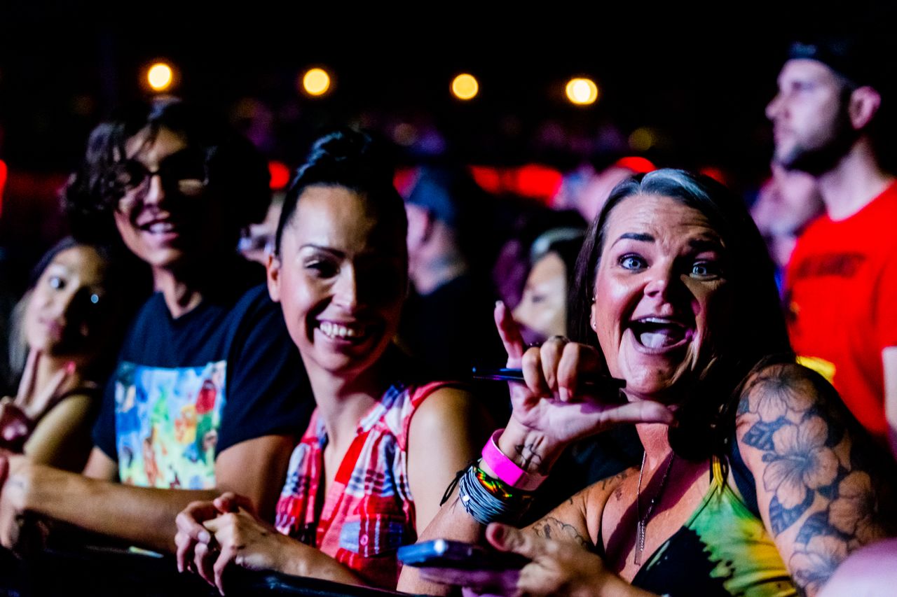 group of concert goers ages ranging from early 20s to late 40s front row for a set at a music festival having a great time