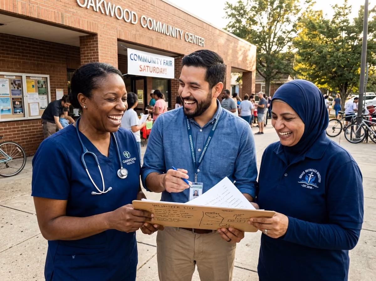 Three individuals in blue shirts and scrubs stand in front of a building, smiling and posing for the photo. 