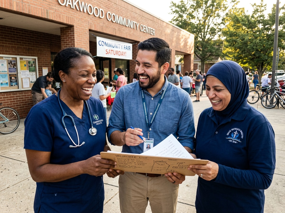Three individuals in blue shirts and scrubs stand in front of a building, smiling and posing for the photo. 