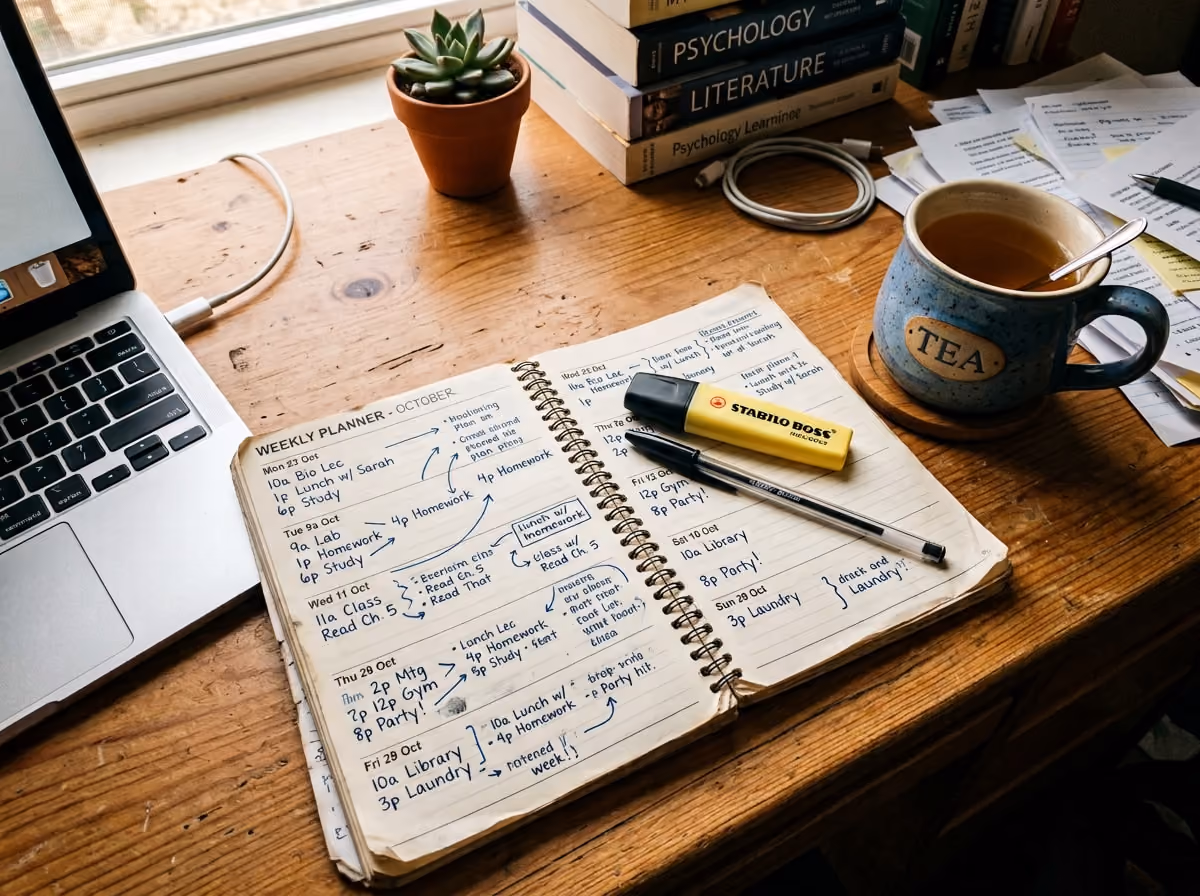 A notebook, pen, and laptop arranged neatly on a wooden desk, suggesting a workspace for writing or studying.