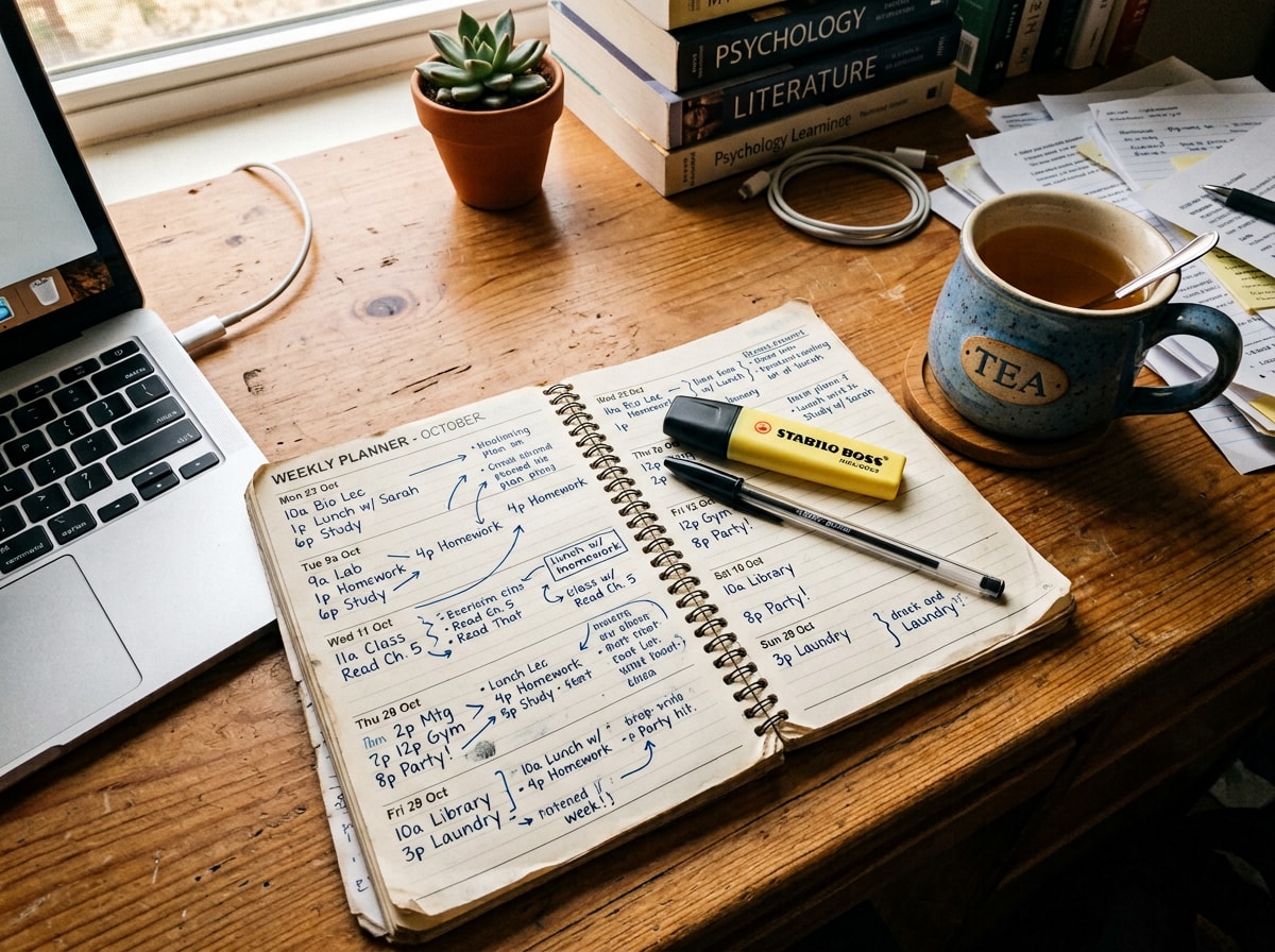 A notebook, pen, and laptop arranged neatly on a wooden desk, suggesting a workspace for writing or studying.