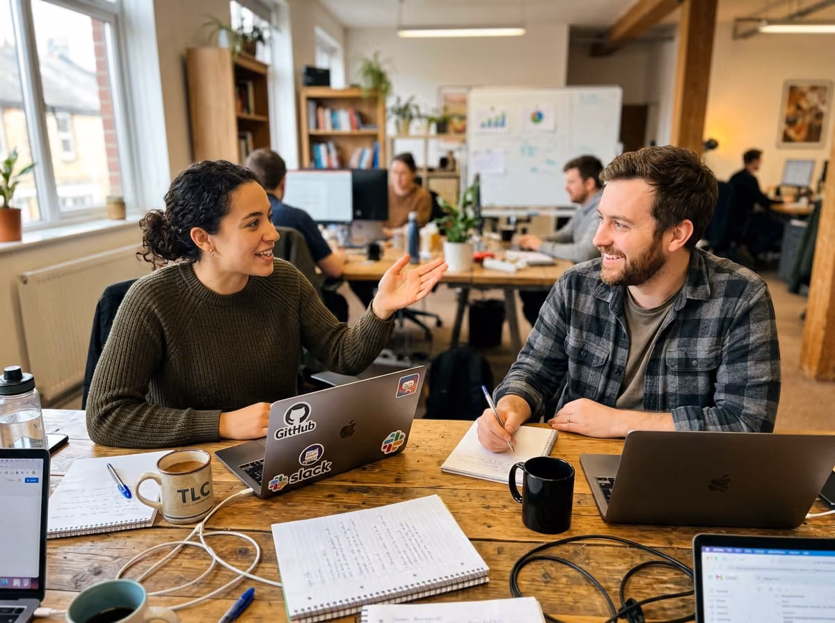 Two individuals seated at a table, each using a laptop, engaged in a collaborative work session.