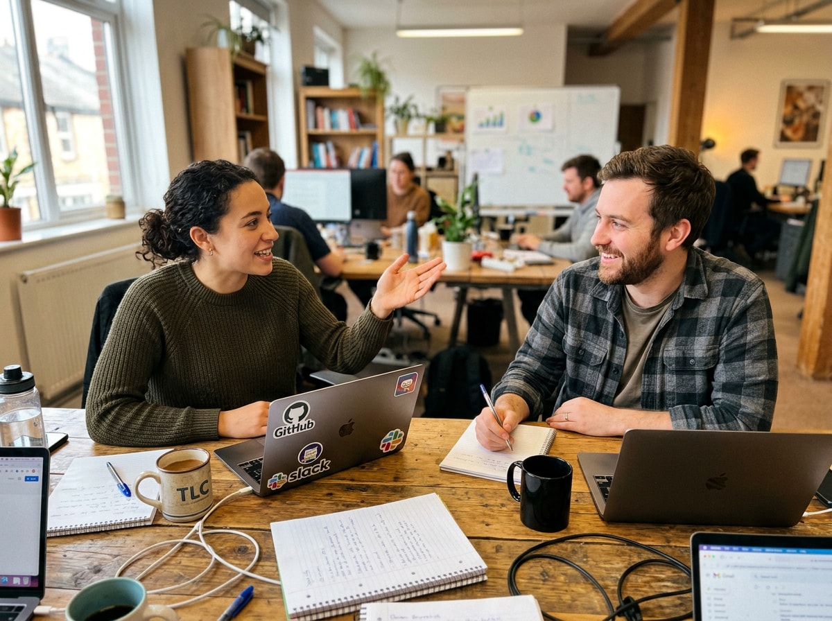 Two individuals seated at a table, each using a laptop, engaged in a collaborative work session. 