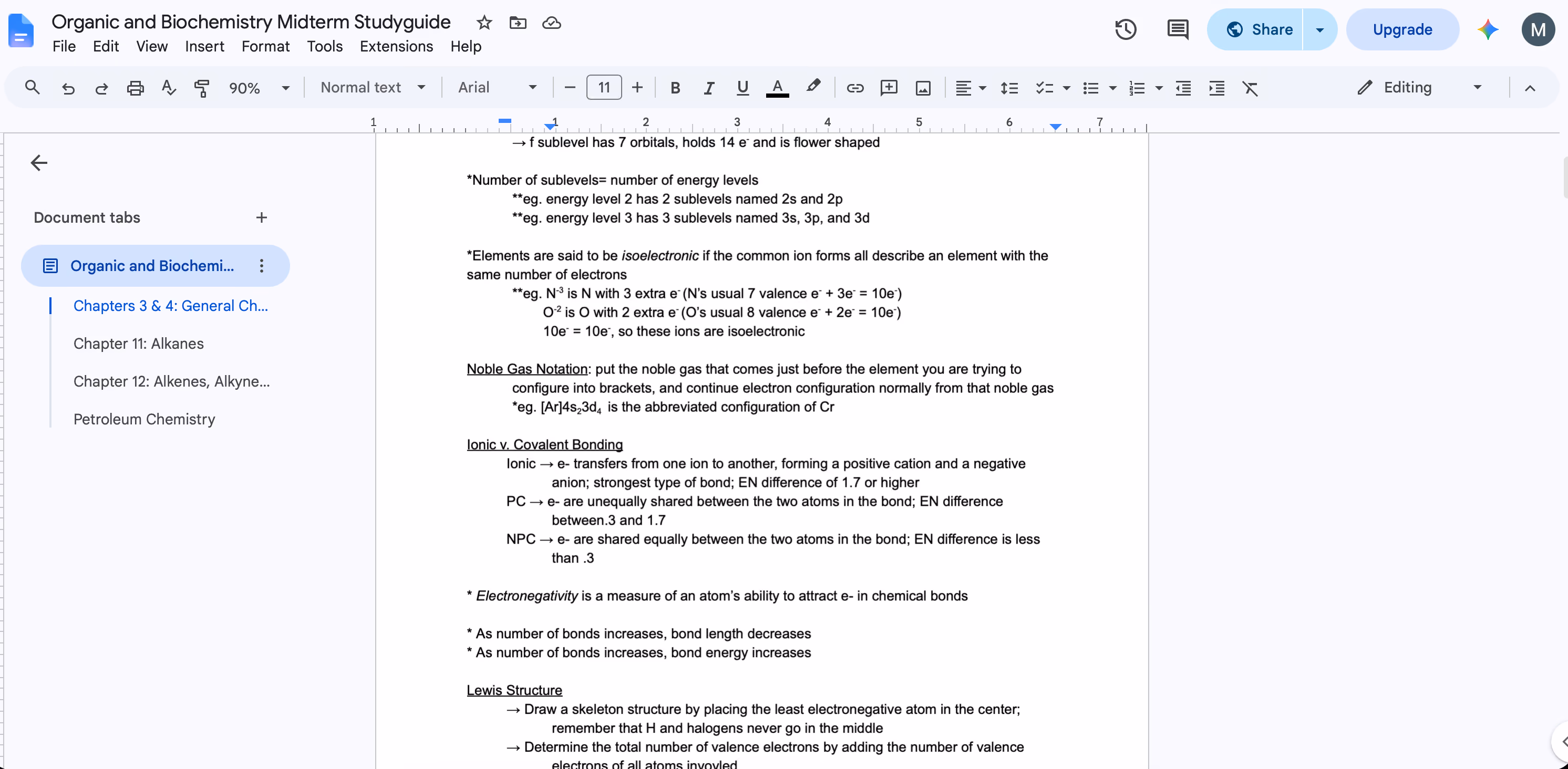 basic outline method notes on organic and biochemistry in Google Docs