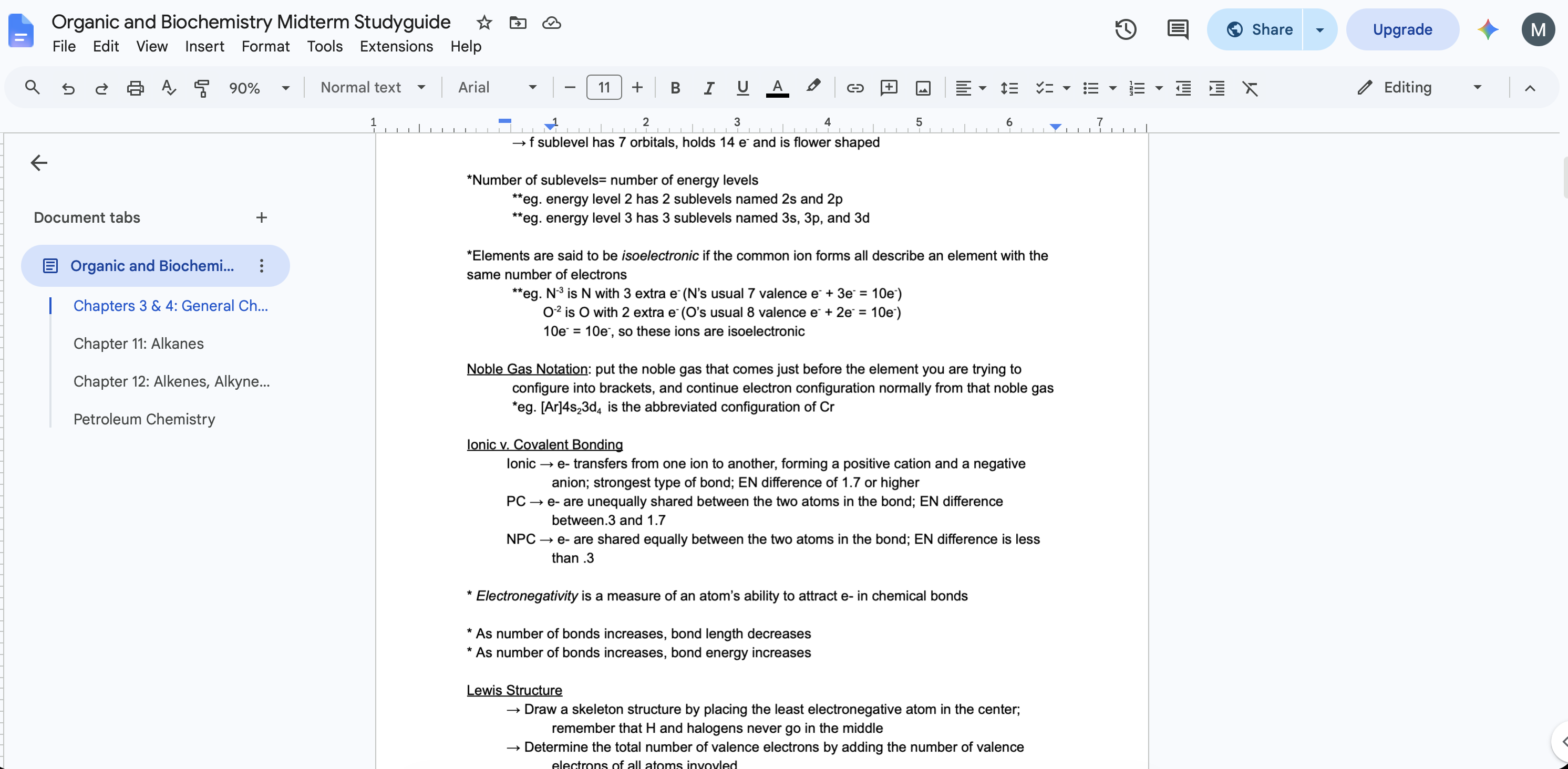 basic outline method notes on organic and biochemistry in Google Docs