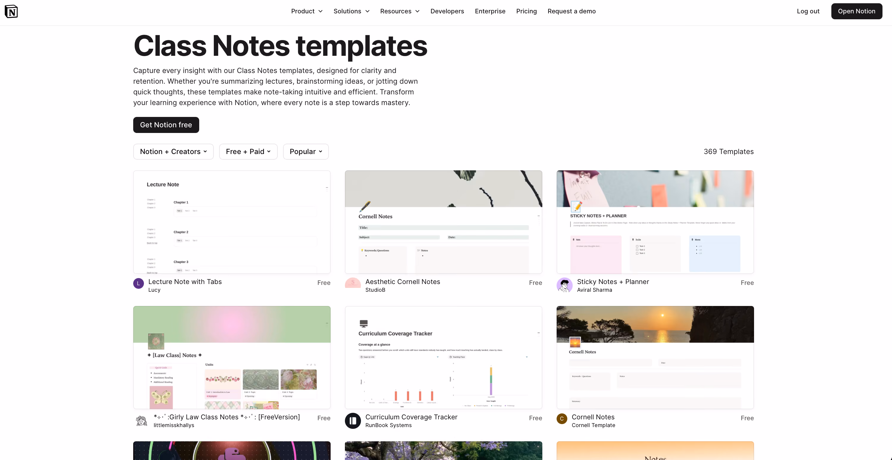 Free Class Notes templates for Notion