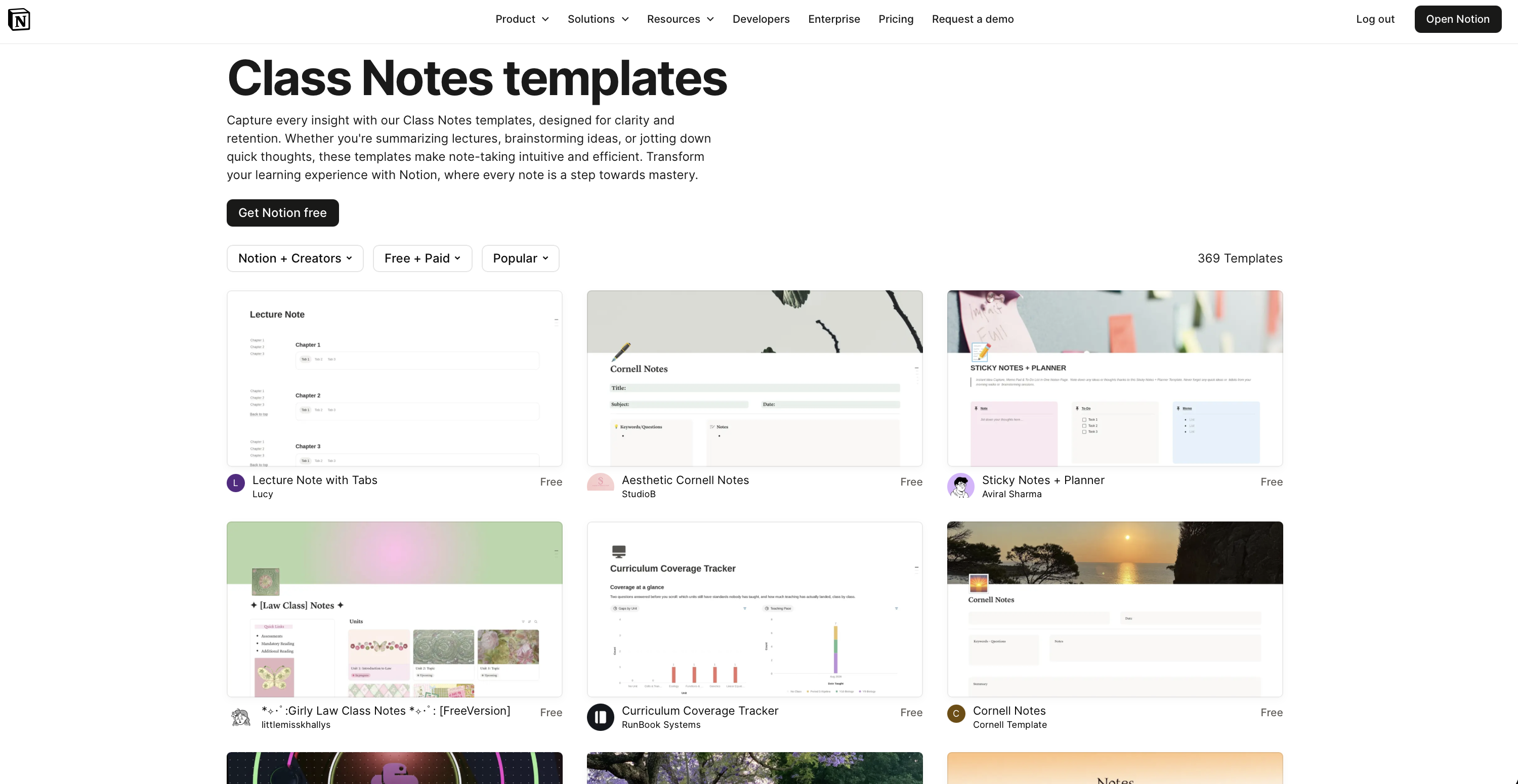 Free Class Notes templates for Notion