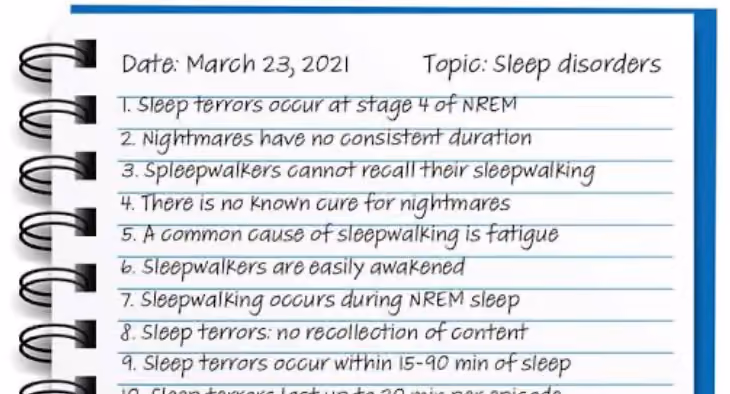 example of the sentence method of notetaking for a health class on sleep disorders