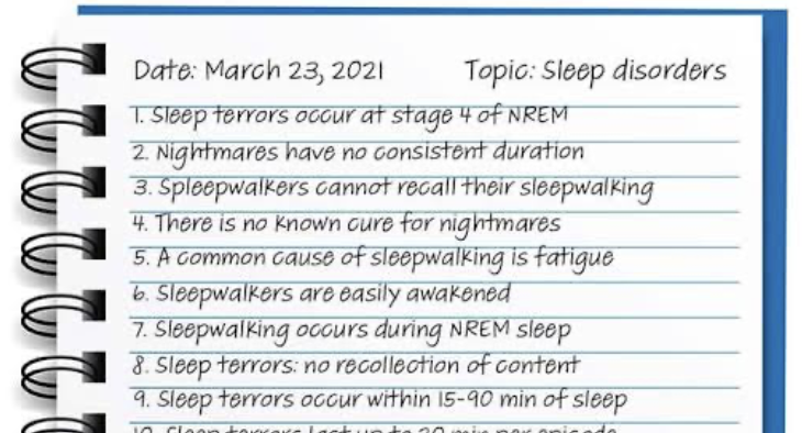 example of the sentence method of notetaking for a health class on sleep disorders