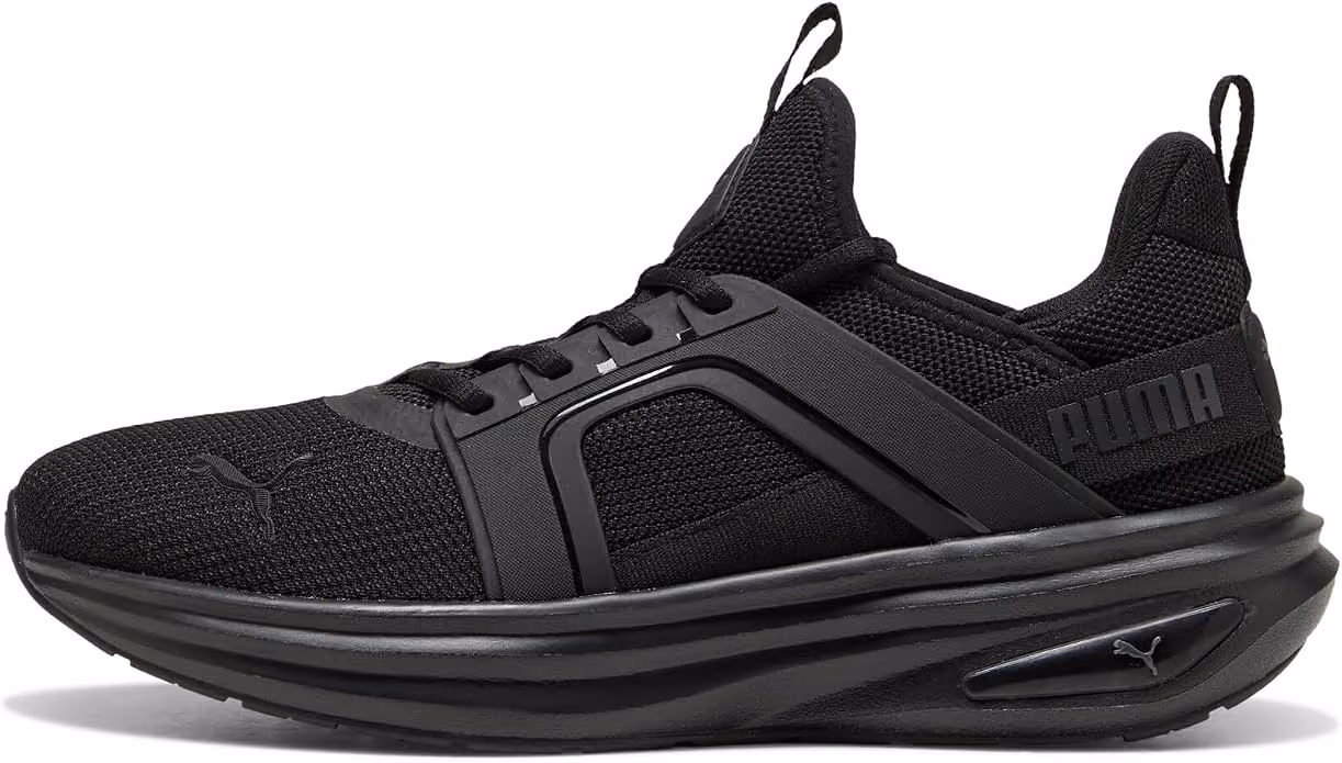 sleek all-black Puma Softride Enzo sneakers that make a budget alternative for expensive max-cushioned sneakers