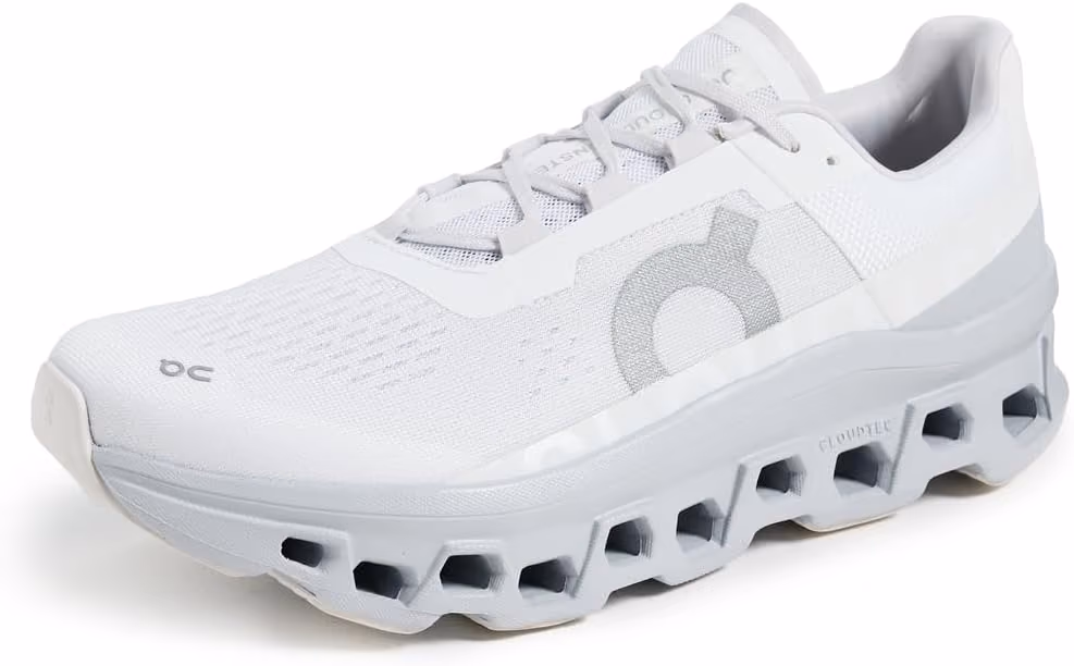 On Cloudmonster sneakers in all-white with unique honeycomb sole