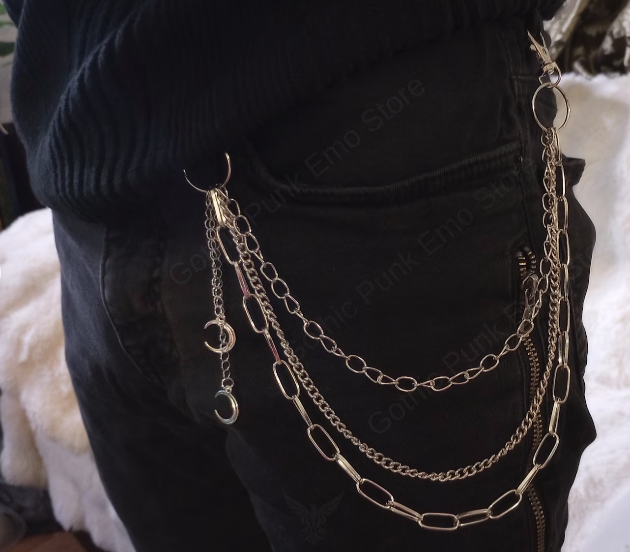 punk pants chain with moons attached to someone's belt loops
