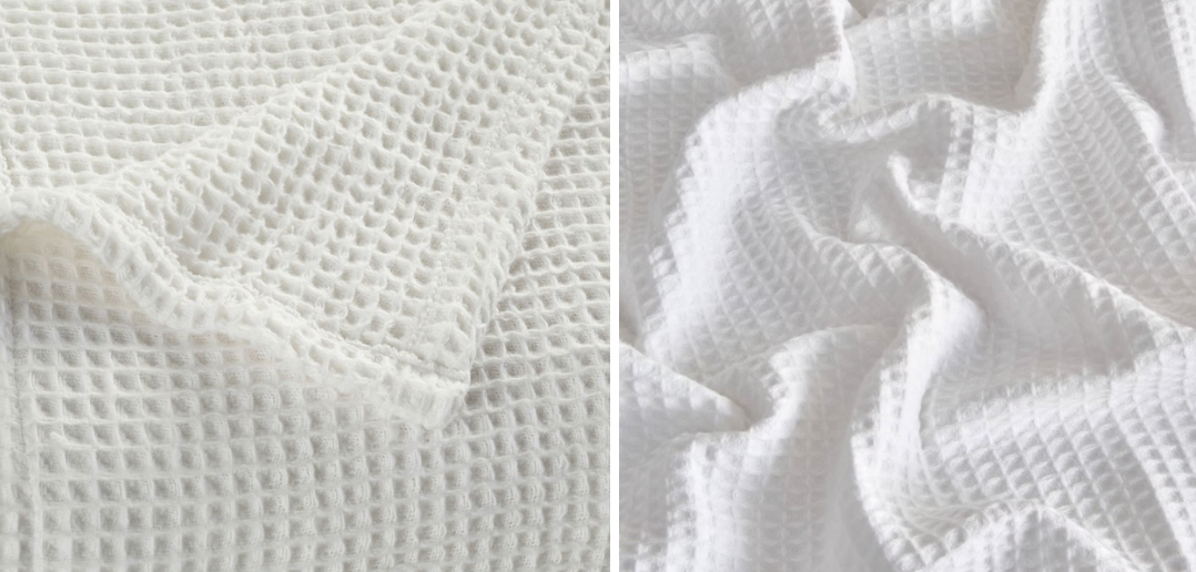 Cozy waffle weave blanket from Pottery Barn beside a product image of a dupe from Target