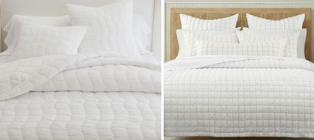 Composite image showing the Pottery Barn Cloud Comforter and a Levtex dupe