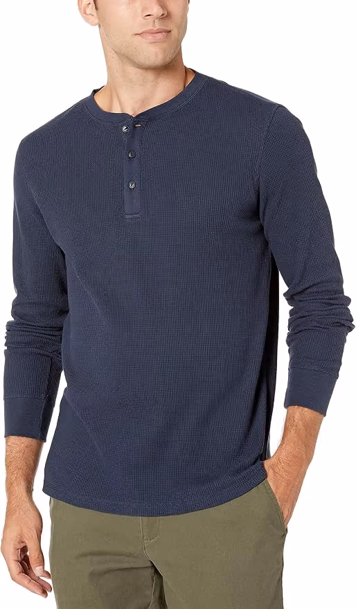 man wearing a comfortable waffle weave henley