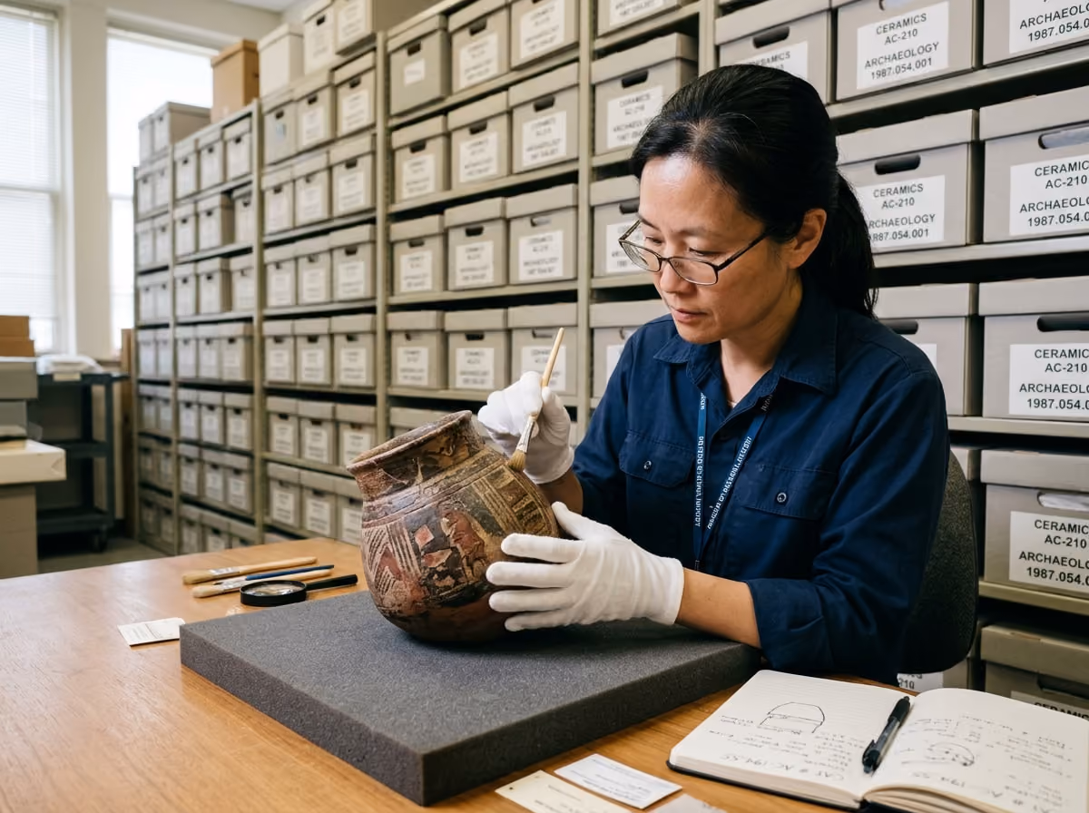 Museum curator wearing white cotton gloves carefully examining an old ceramic vessel on a padded work table in a collections storage room