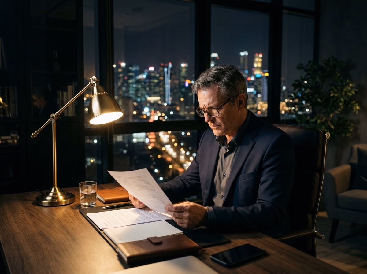Business leader sitting alone at a desk in a dim office after hours, reading a document closely with a thoughtful expression