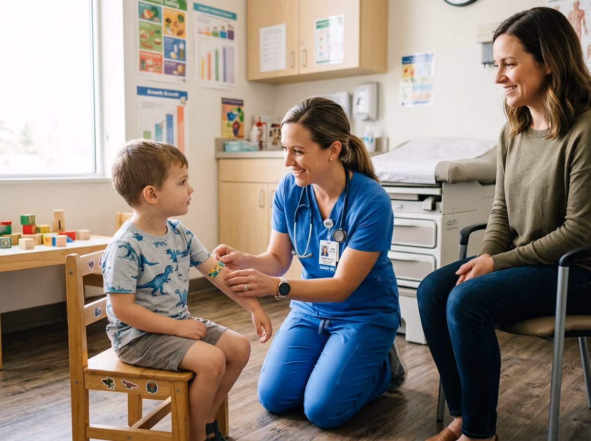 Pediatric nurse in blue scrubs kneeling to check on a young child during a clinic visit while the child's parent looks on