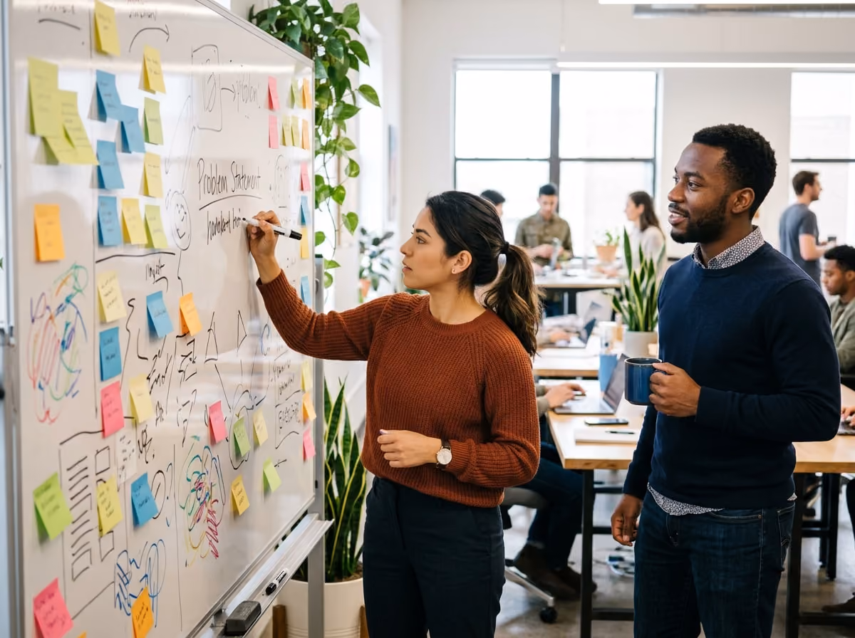 Young professional standing at a whiteboard covered in sticky notes, writing out a problem statement with a marker while a coworker looks on