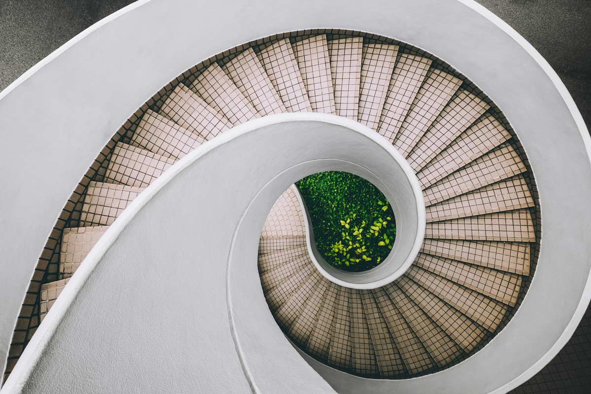 Architectural spiral staircase captured from above, illustrating the Fibonacci Spiral and the mathematical elegance found in both design and the human form.