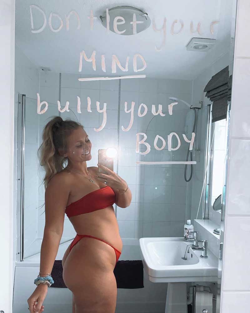 Summer fashion photo of Sophie in a red bikini, front and rear perspectives