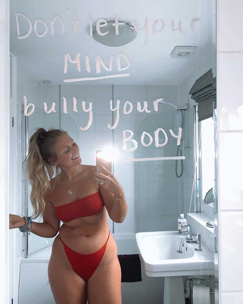Sophie modeling a red two-piece swimsuit, showing beachwear style from all angles