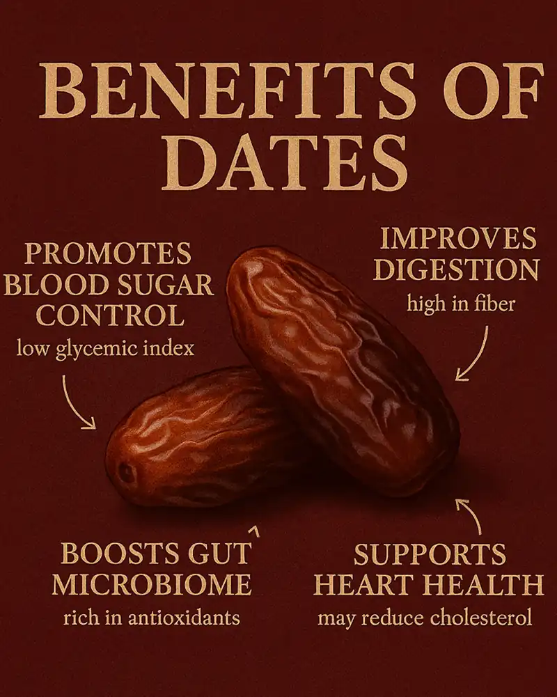 Editorial-style infographic showing the health benefits of dates — promotes blood sugar control, supports heart health, improves digestion, and boosts gut microbiome — designed with rich brown tones and elegant texture matching Obare’s natural aesthetic.