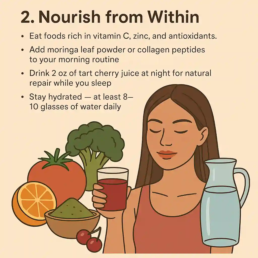 Illustration of a woman with glowing skin enjoying tart cherry juice and mineral water, surrounded by oranges, broccoli, moringa powder, and cherries — promoting natural beauty and skin nourishment from within by Obare.