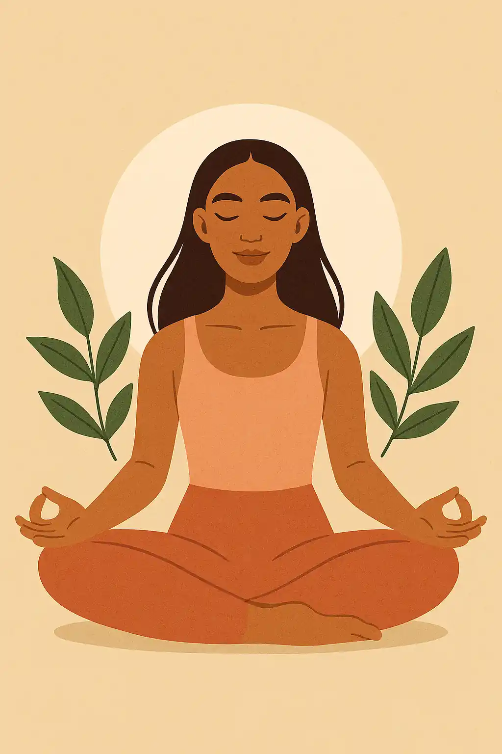 Illustration of a woman meditating in a calm pose with closed eyes and glowing skin, surrounded by green leaves — representing mindfulness, stress relief, and natural skin health by Obare.
