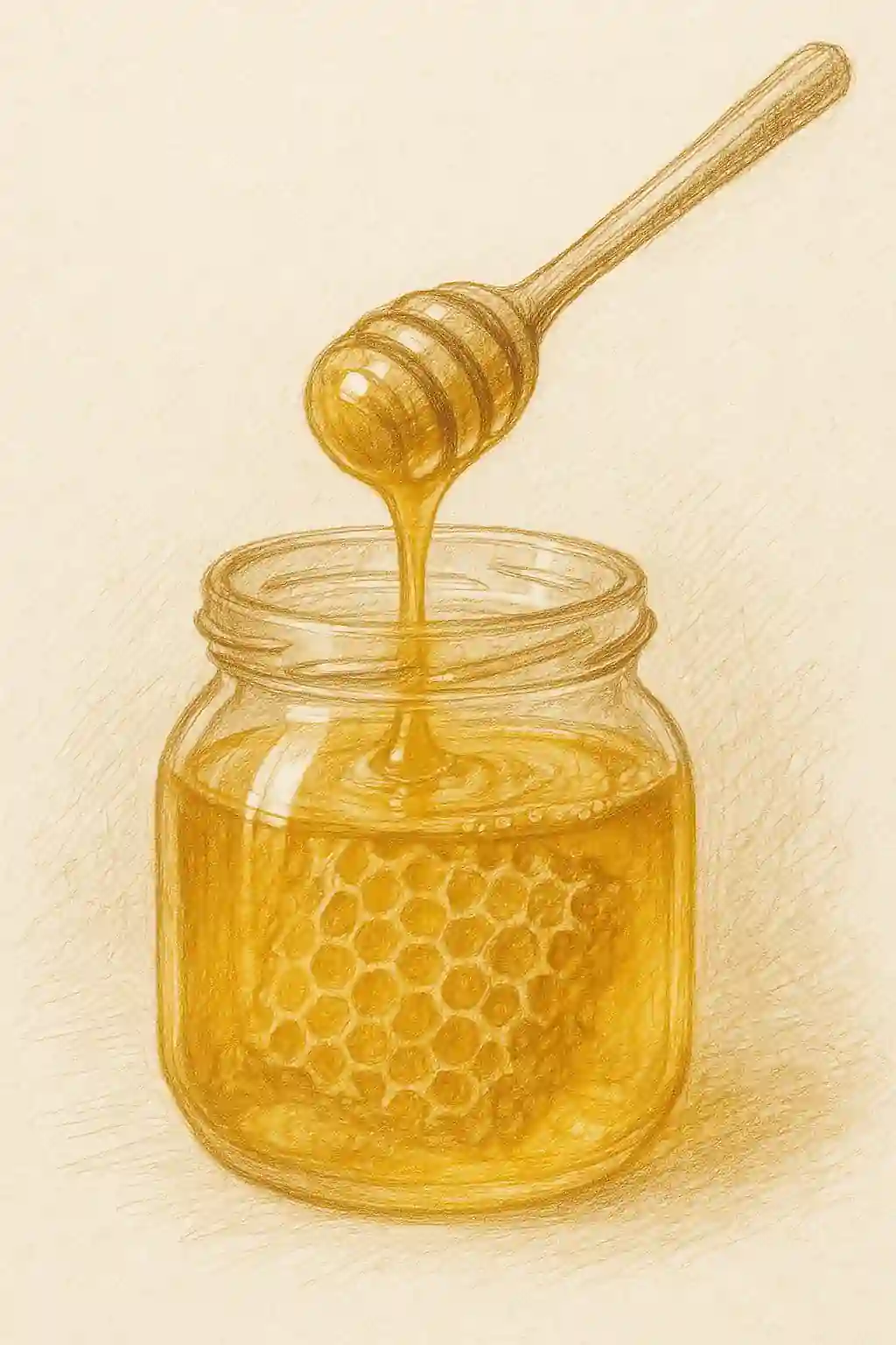 Pencil-drawn illustration of a glass honey jar with visible honeycomb and a wooden dipper lifting golden honey, capturing natural glow and warmth.