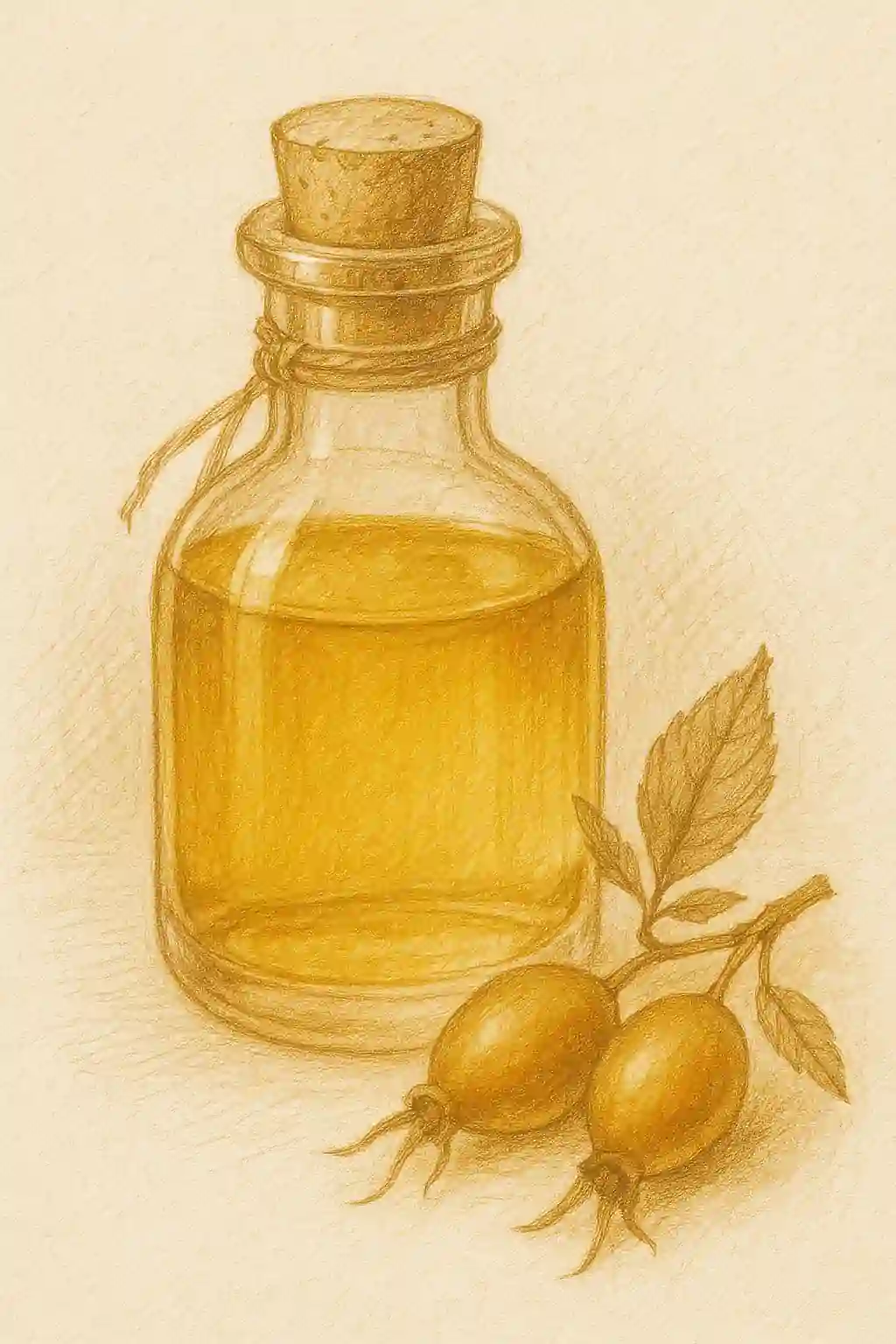 Artistic pencil drawing of a rosehip oil bottle with rosehips and leaves, showing warm golden tones that reflect natural skincare and beauty.