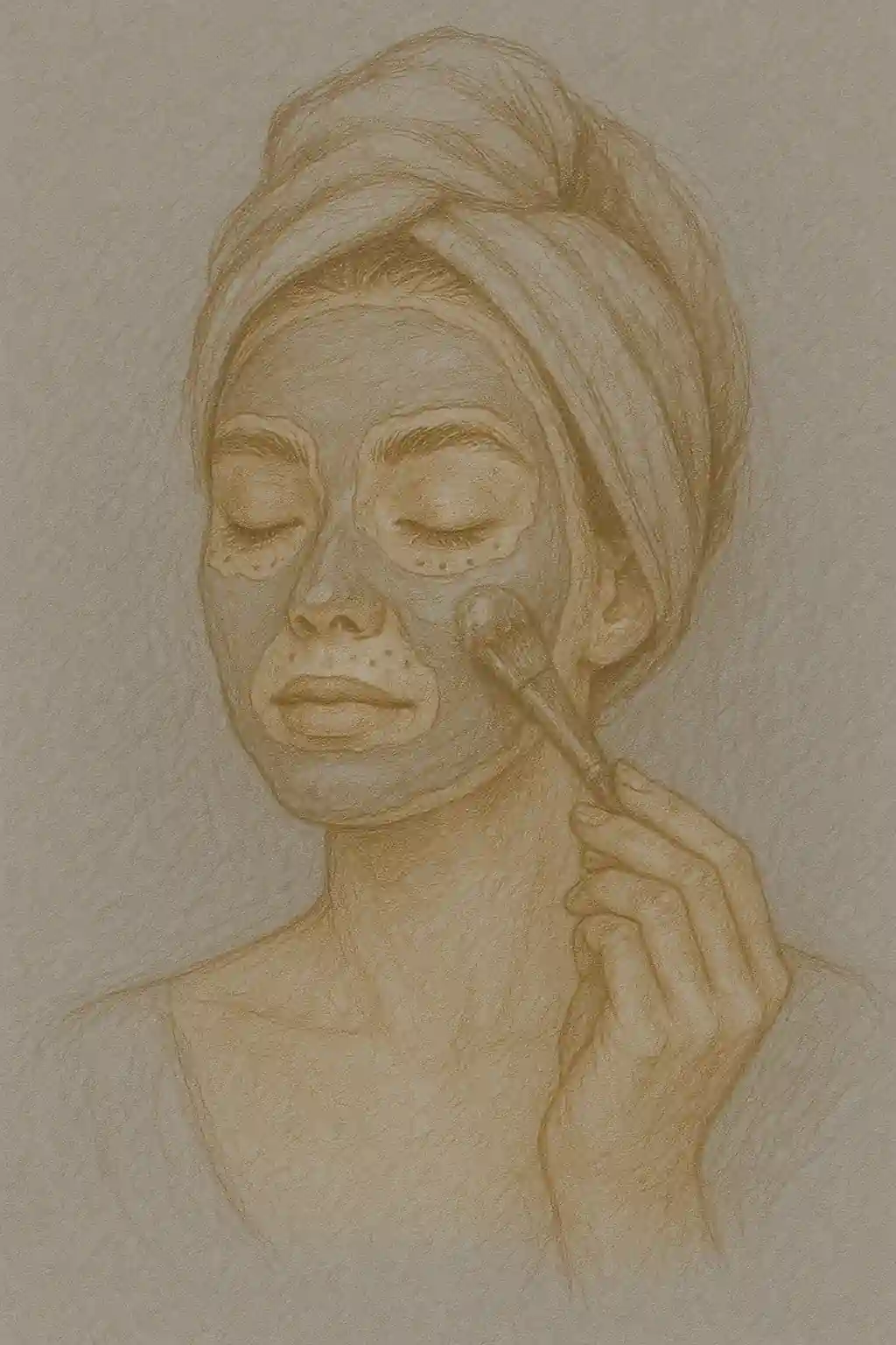 Pencil-drawn portrait of a young woman with freckles applying a clay or sea moss mask to her bare face on cool blue-gray paper, symbolizing self-care and natural beauty.