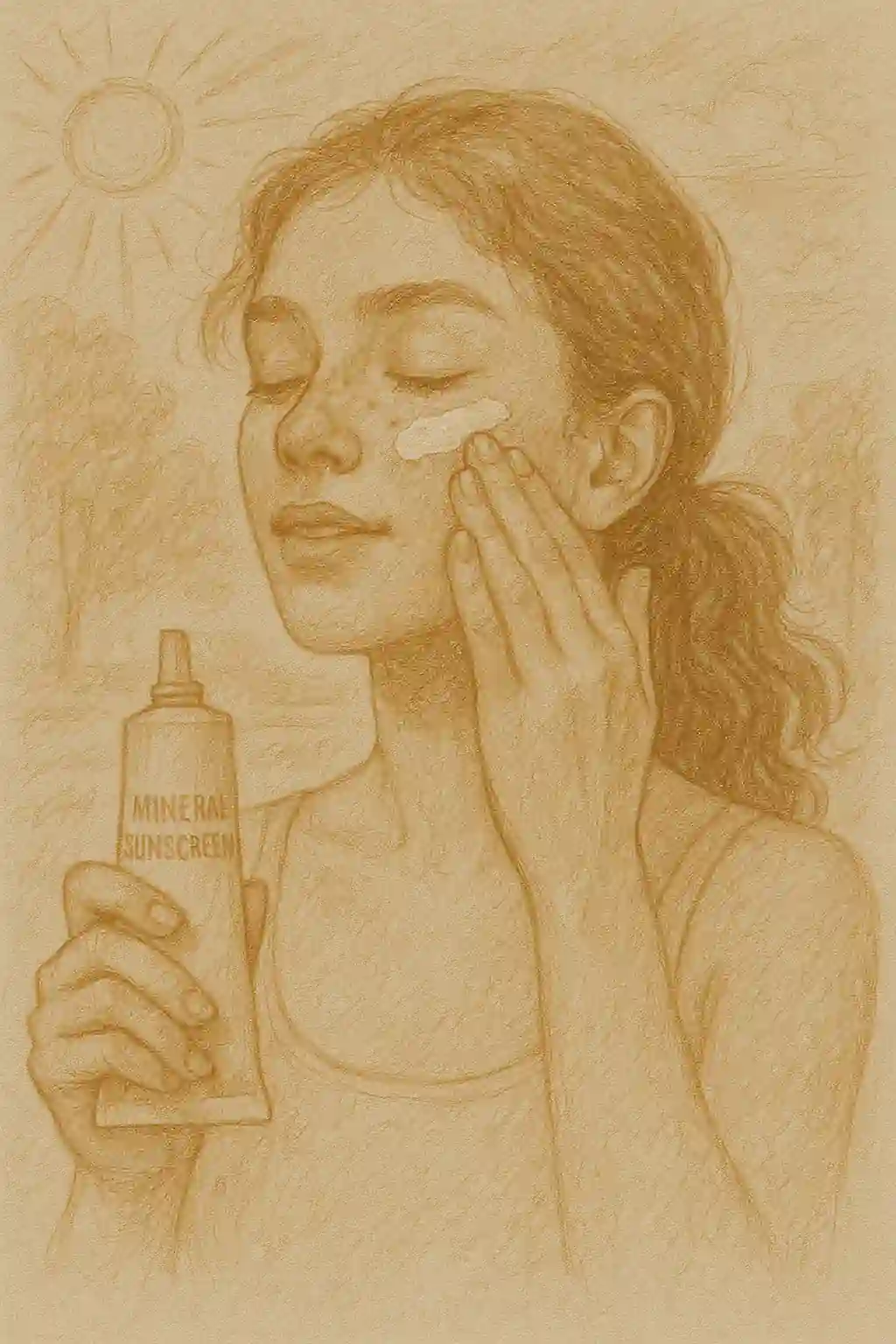 Pencil-drawn illustration of a young woman with freckles applying mineral sunscreen outdoors under sunlight, capturing natural glow, skincare protection, and radiant summer warmth.