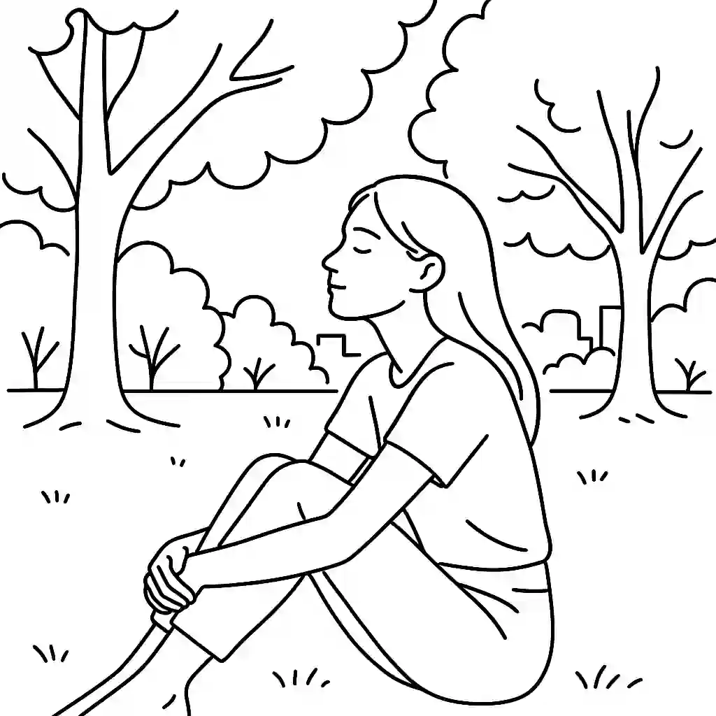Minimalist black-and-white line illustration of a young woman sitting cross-legged in a park surrounded by tall trees and city buildings in the background, symbolizing relaxation, mindfulness, and reconnecting with nature in an urban setting.