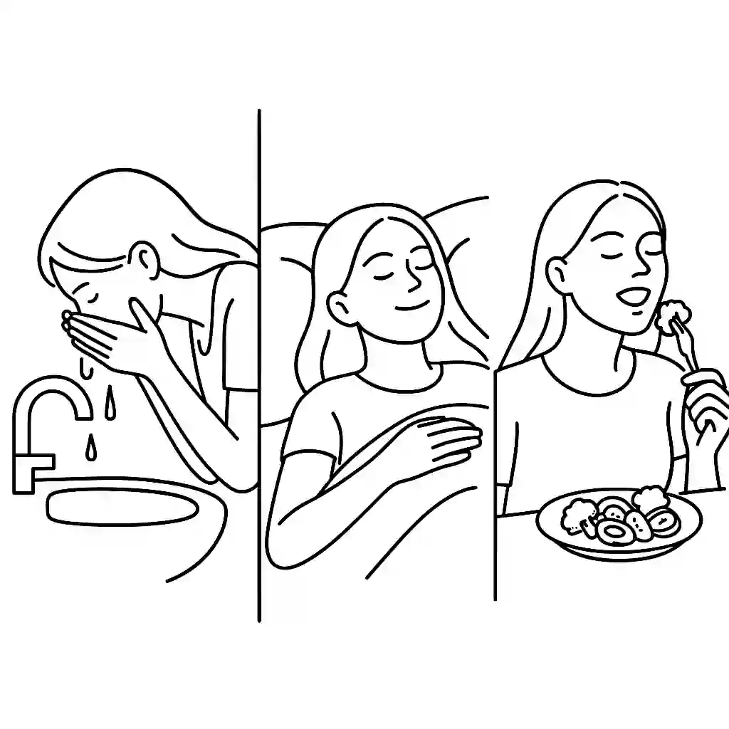 Minimalist black-and-white line illustration showing a young woman practicing healthy daily habits — washing her face in the bathroom, resting peacefully in bed, and eating a plate of colorful vegetables — symbolizing self-care, balance, and natural beauty.