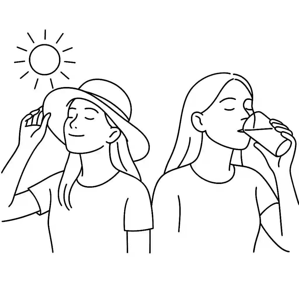 Minimalist black-and-white line illustration of a young woman practicing sun care and hydration — wearing a wide-brimmed hat under the sun in one scene and drinking a glass of water in the other — representing healthy lifestyle habits for glowing, youthful skin.