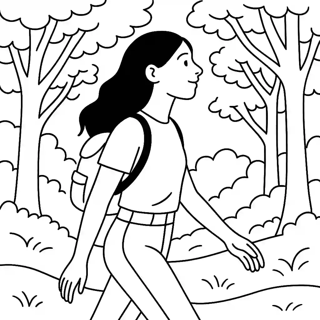 Minimalist black-and-white line illustration of a young woman walking through a forest with a backpack, surrounded by trees and greenery, symbolizing mindfulness, nature connection, and peaceful outdoor living.