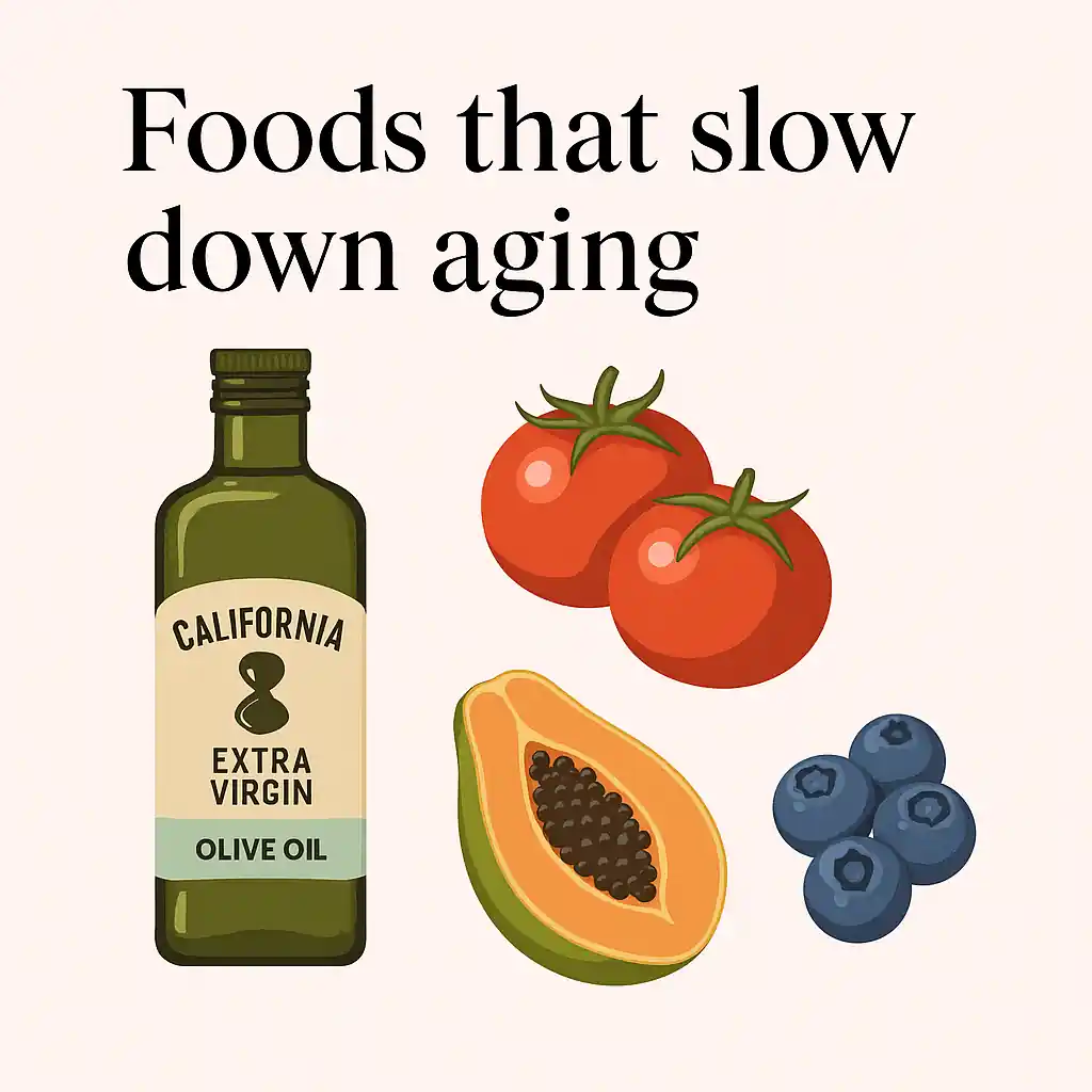 Illustration of foods that slow down aging, featuring a bottle of extra virgin olive oil, fresh tomatoes, papaya, and blueberries on a soft pastel background, promoting healthy skin and anti-aging nutrition.
