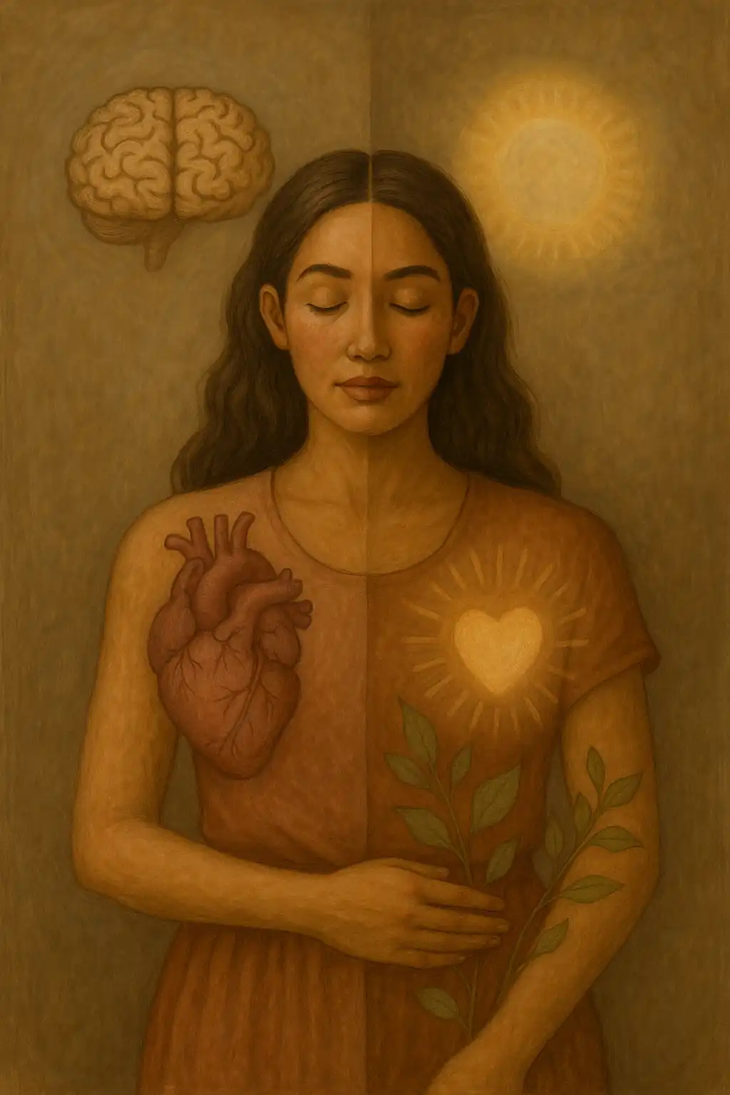 Illustration of a serene woman symbolizing balance between psychology and spirituality, showing heart, brain, and glowing energy in warm earthy tones.