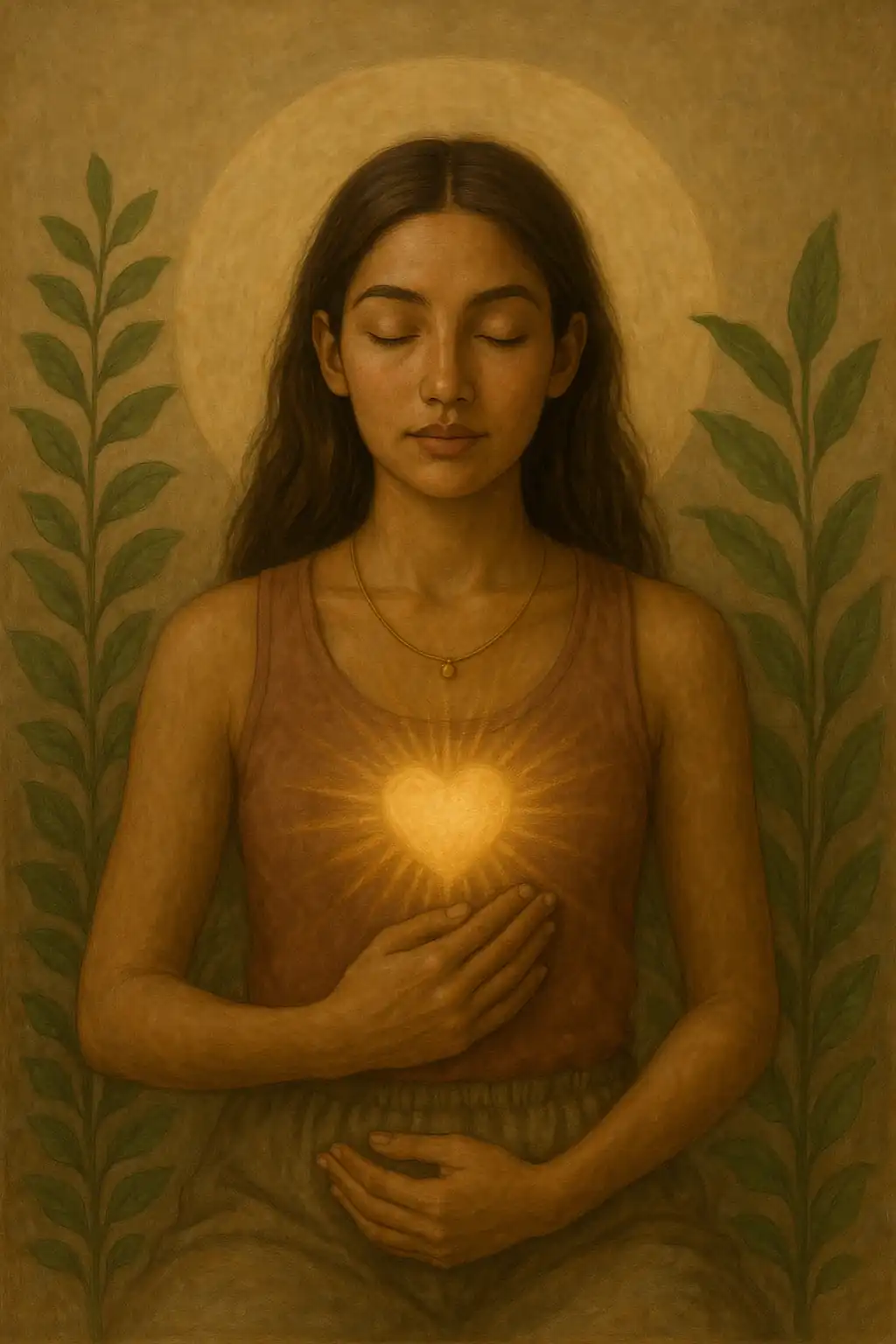 Illustration of a serene woman with glowing heart energy, symbolizing sacred awareness, compassion, and inner strength in warm earthy tones.