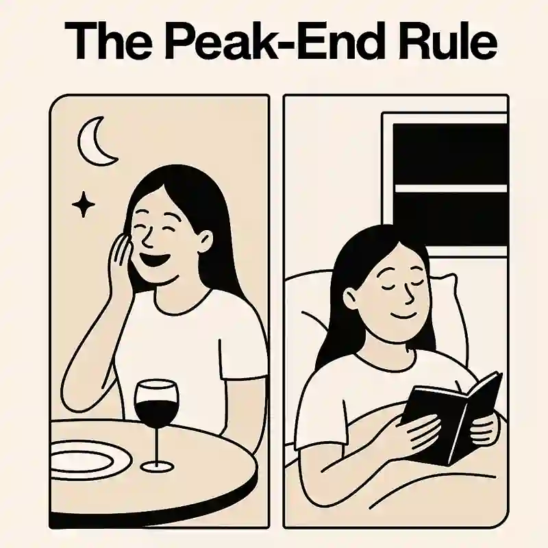 Minimalist illustration of a woman laughing during dinner and later reading in bed, symbolizing the Peak-End Rule and ending the day intentionally.”