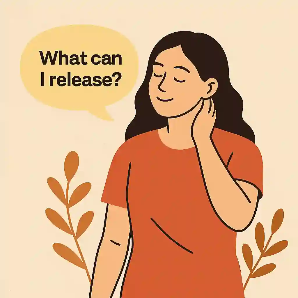 Minimalist illustration of a woman calmly reflecting with the quote ‘What can I release?’ symbolizing rest, alignment, and redefining success through ease.